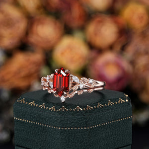 Vintage Hexagon Cut Red Garnet Couple Rings Nature Inspired Leaf His and Her matching rings - anerjuly