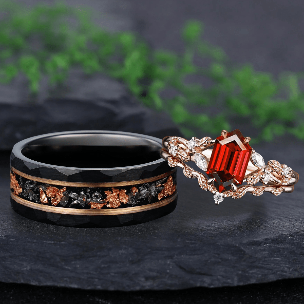 Vintage Hexagon Cut Red Garnet Couple Rings Nature Inspired Leaf His and Her matching rings - anerjuly