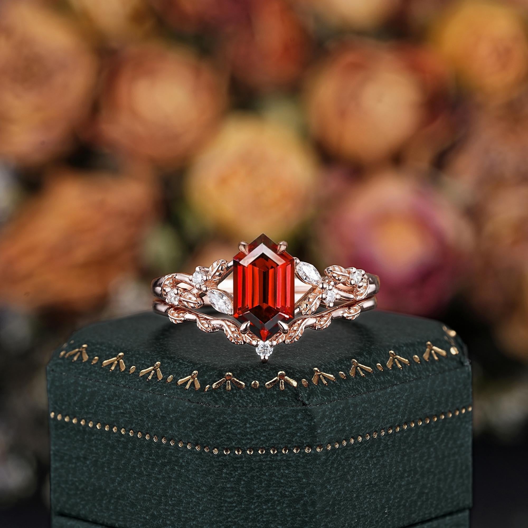 Vintage Hexagon Cut Red Garnet Couple Rings Nature Inspired Leaf His and Her matching rings - anerjuly