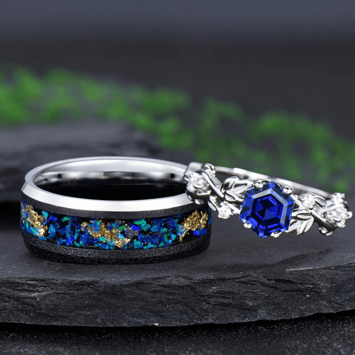 Vintage Hexagon cut Sapphire couples ring set his her matching engagement ring - anerjuly