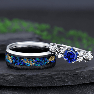Vintage Hexagon cut Sapphire couples ring set his her matching engagement ring - anerjuly