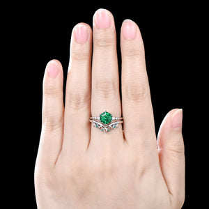 Vintage Hexagon Emerald Engagement Ring with V - Shaped Band Ring Set - anerjuly