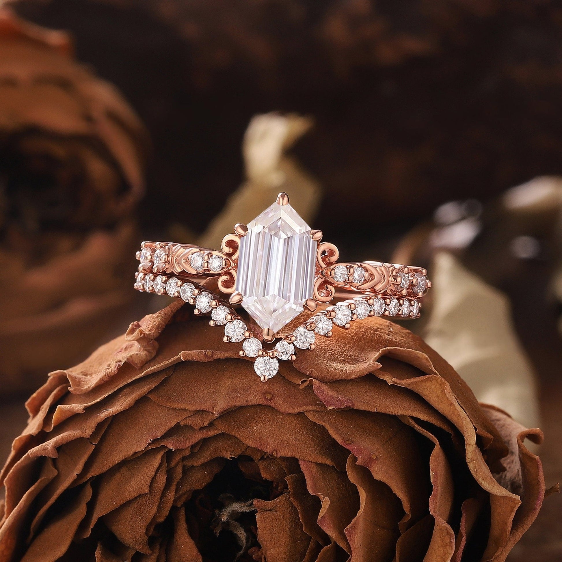 Vintage Hexagon Moissanite Engagement Ring Set Rose Gold Wedding Ring Set Moissanite Cluster Ring Floral Ring Unique Diamond Rings for Women - anerjuly