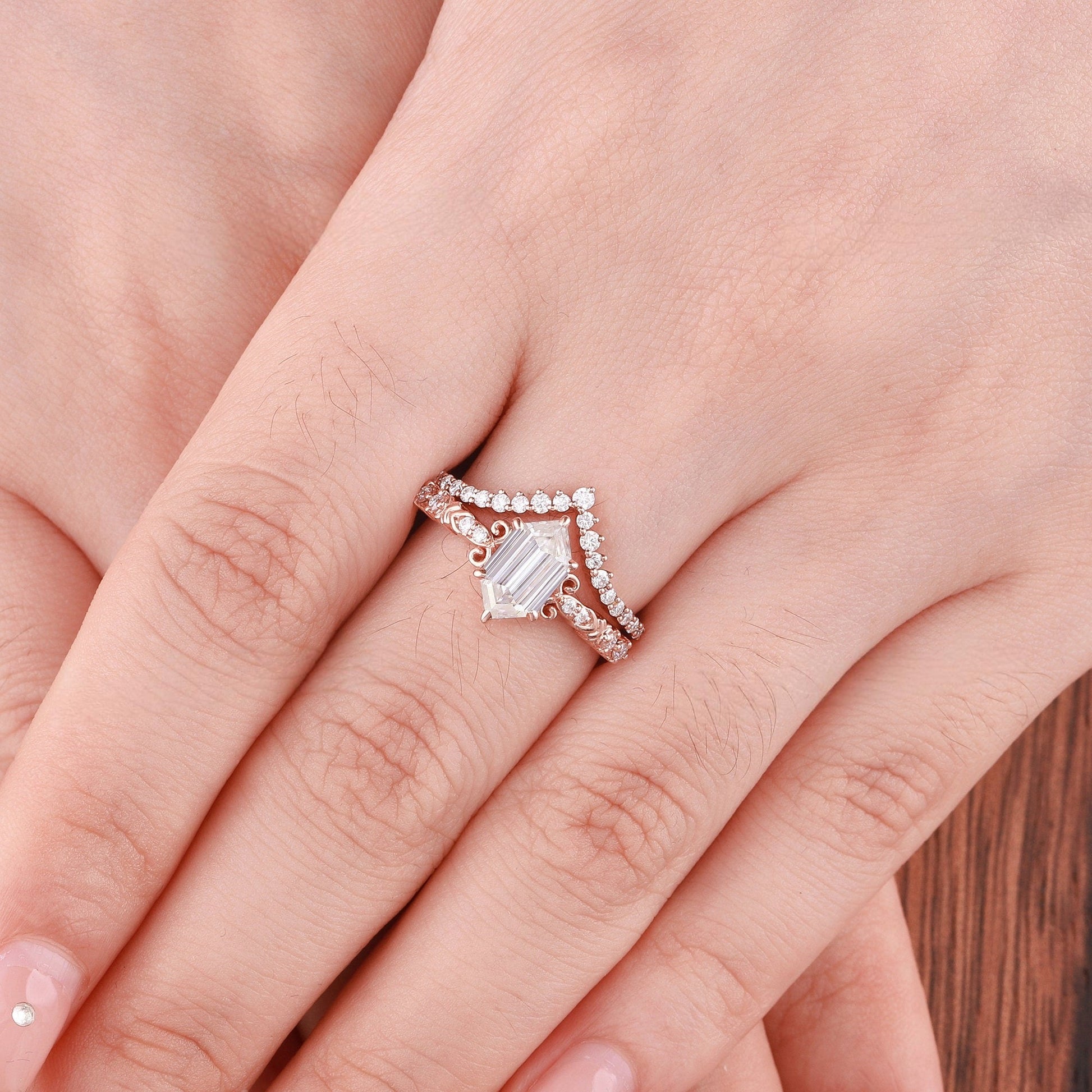 Vintage Hexagon Moissanite Engagement Ring Set Rose Gold Wedding Ring Set Moissanite Cluster Ring Floral Ring Unique Diamond Rings for Women - anerjuly