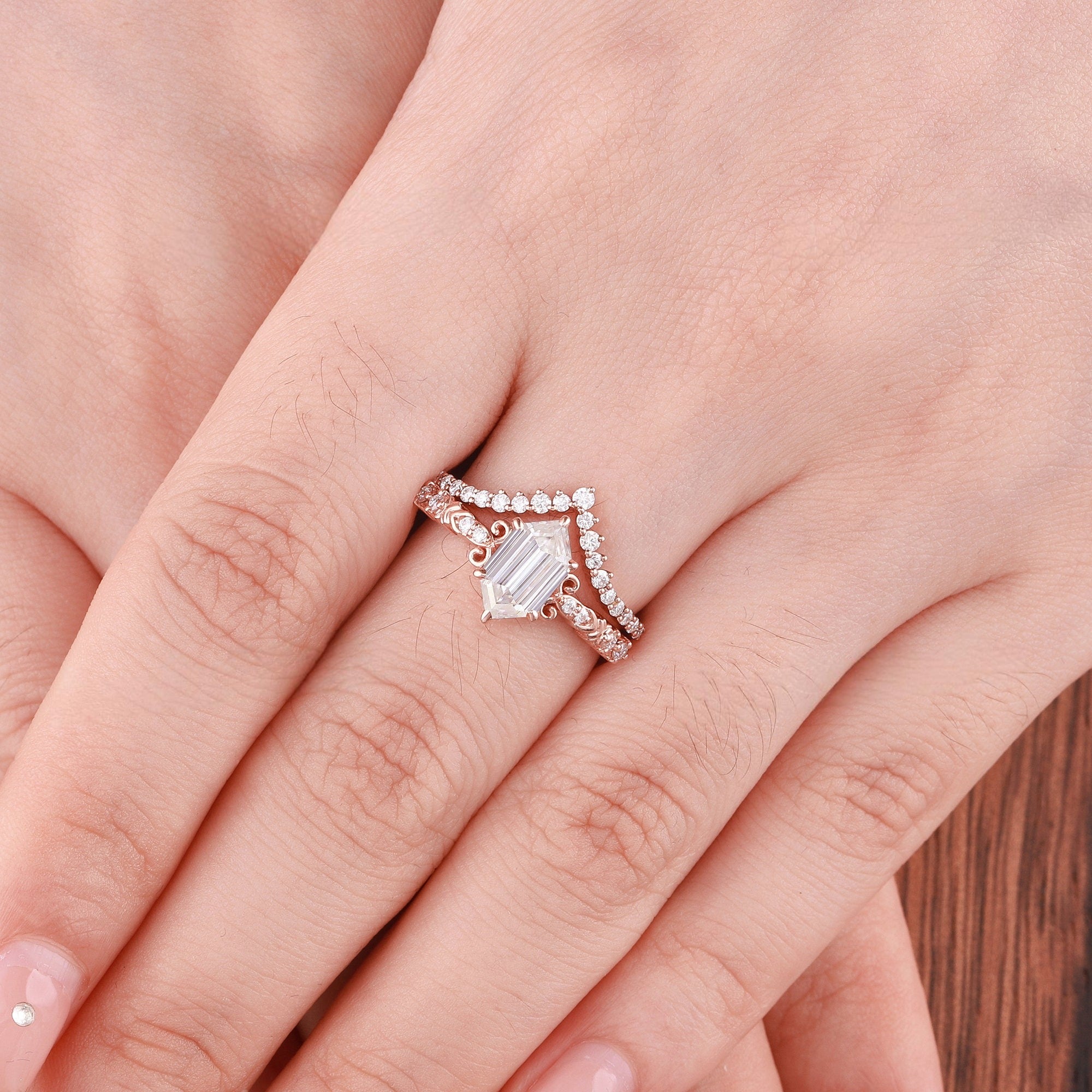 Vintage Hexagon Moissanite Engagement Ring Set Rose Gold Wedding Ring Set Moissanite Cluster Ring Floral Ring Unique Diamond Rings for Women - anerjuly