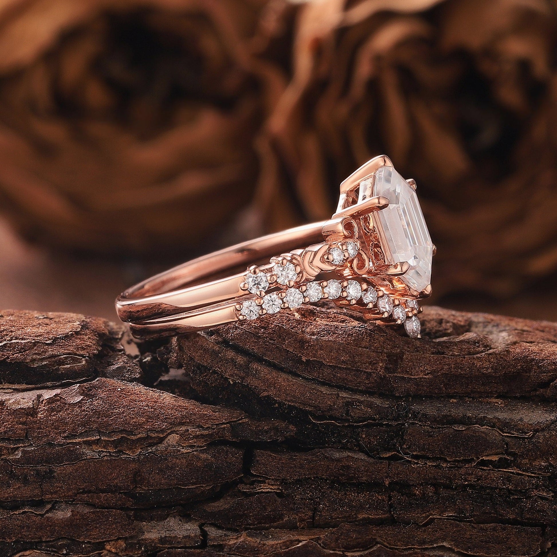Vintage Hexagon Moissanite Engagement Ring Set Rose Gold Wedding Ring Set Moissanite Cluster Ring Floral Ring Unique Diamond Rings for Women - anerjuly