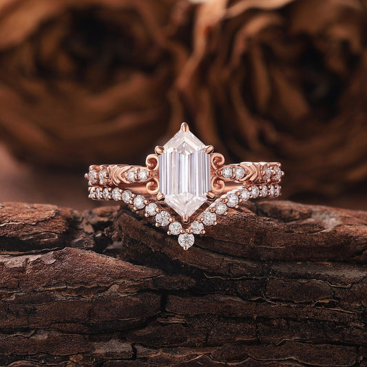 Vintage Hexagon Moissanite Engagement Ring Set Rose Gold Wedding Ring Set Moissanite Cluster Ring Floral Ring Unique Diamond Rings for Women - anerjuly