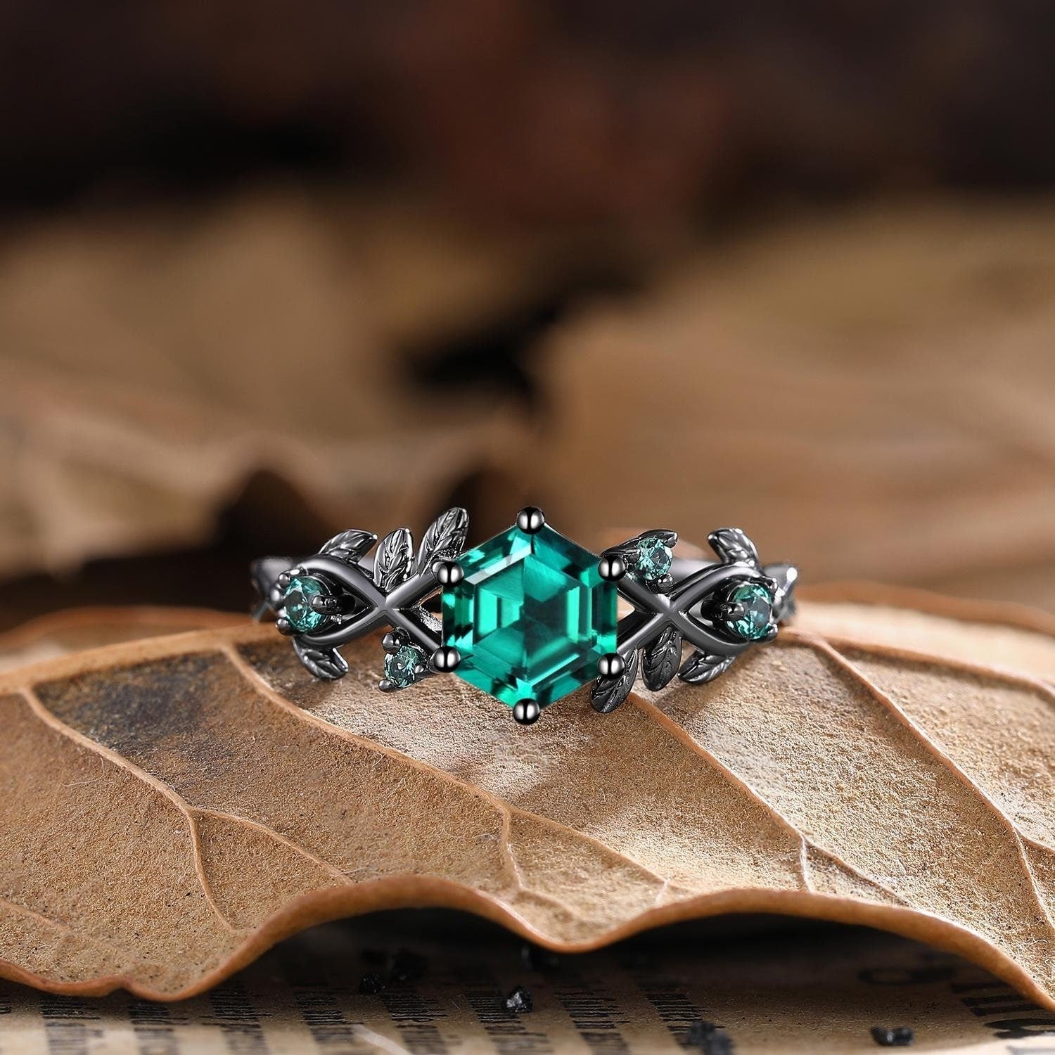 Vintage - Inspired Hexagon Cut Unique Leaf Design Black Gold Emerald Engagement Ring Set - anerjuly