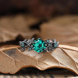 Vintage - Inspired Hexagon Cut Unique Leaf Design Black Gold Emerald Engagement Ring Set - anerjuly