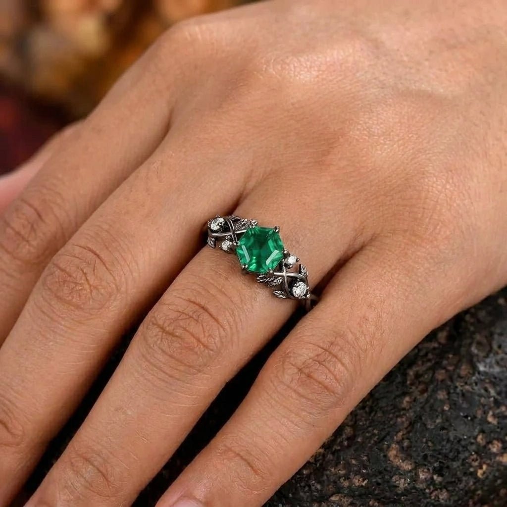 Vintage-Inspired Hexagon Cut Unique Leaf Design Black Gold Emerald Engagement Ring Set - anerjuly