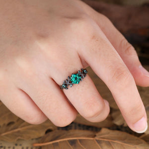 Vintage - Inspired Hexagon Cut Unique Leaf Design Black Gold Emerald Engagement Ring Set - anerjuly