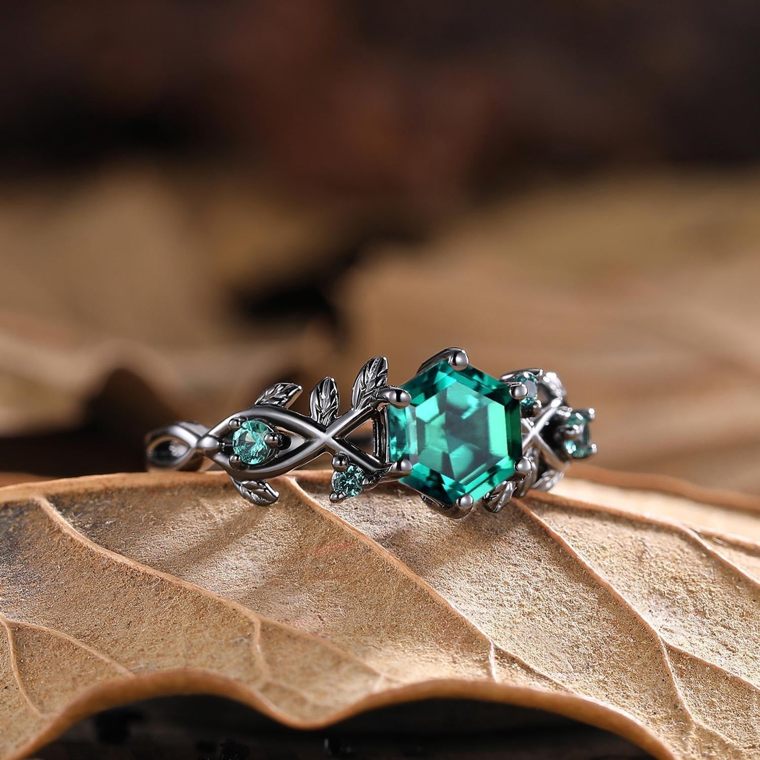 Vintage - Inspired Hexagon Cut Unique Leaf Design Black Gold Emerald Engagement Ring Set - anerjuly