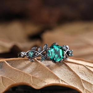 Vintage - Inspired Hexagon Cut Unique Leaf Design Black Gold Emerald Engagement Ring Set - anerjuly