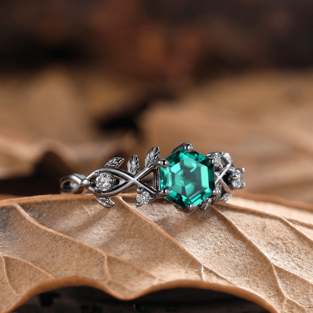 Vintage-Inspired Hexagon Cut Unique Leaf Design Black Gold Emerald Engagement Ring Set - anerjuly