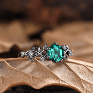 Vintage-Inspired Hexagon Cut Unique Leaf Design Black Gold Emerald Engagement Ring Set - anerjuly