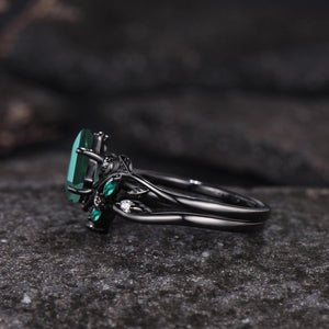 Vintage - Inspired Kite Cut Leaf Design Black Gold Emerald Engagement Ring Set - anerjuly