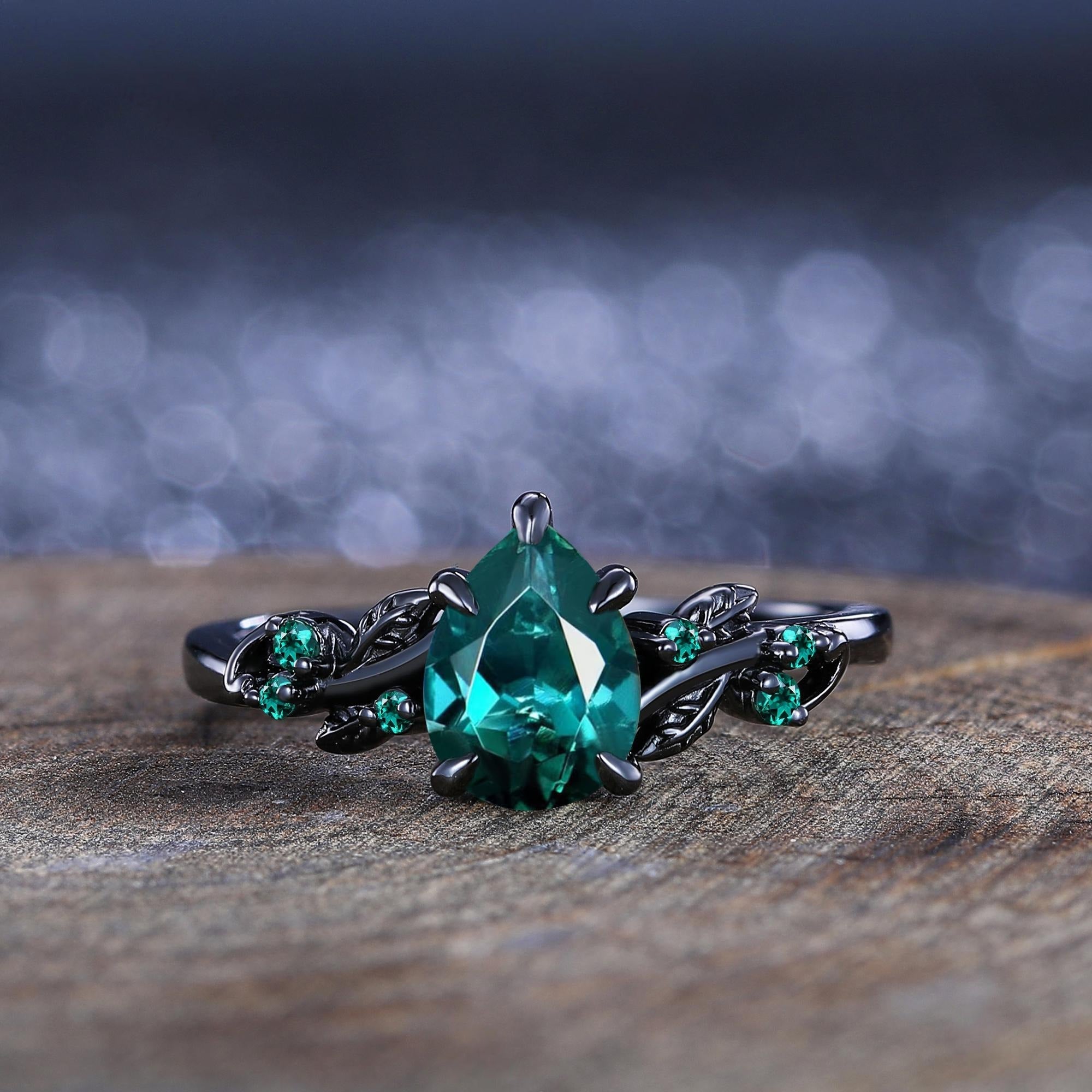 Vintage - Inspired Unique Leaf Design Black Gold Emerald Engagement Ring Set Unique Floral Emerald Wedding Ring - anerjuly