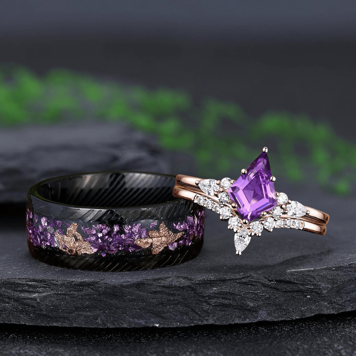 Vintage Kite Cut Amethyst Art Deco Couple Ring Set His and Her Wedding Band Engagement Ring matching rings - anerjuly
