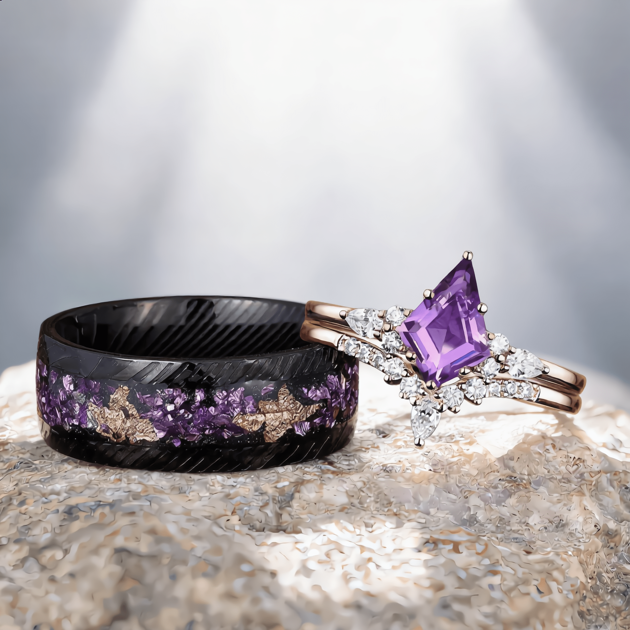 Vintage Kite Cut Amethyst Art Deco Couple Ring Set His and Her Wedding Band Engagement Ring matching rings - anerjuly