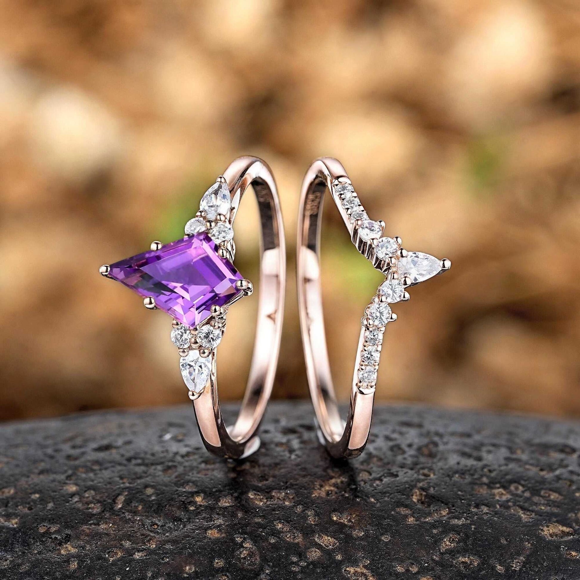 Vintage Kite Cut Amethyst Art Deco Couple Ring Set His and Her Wedding Band Engagement Ring matching rings - anerjuly