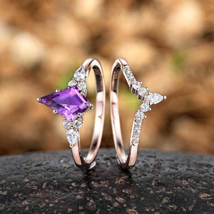 Vintage Kite Cut Amethyst Art Deco Couple Ring Set His and Her Wedding Band Engagement Ring matching rings - anerjuly