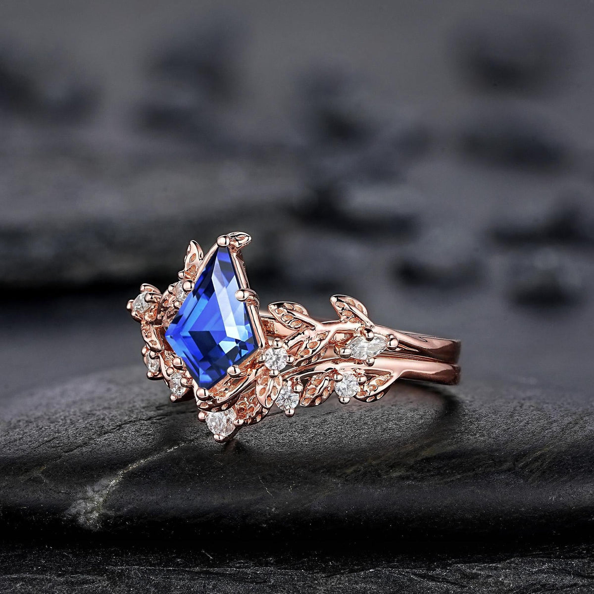 Vintage Kite Cut Cornflower Blue Sapphire Leaf Engagement Ring Unique Rose Gold Twig Branch Vine Wedding Set Nature Inspired Promise Ring - anerjuly