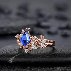Vintage Kite Cut Cornflower Blue Sapphire Leaf Engagement Ring Unique Rose Gold Twig Branch Vine Wedding Set Nature Inspired Promise Ring - anerjuly