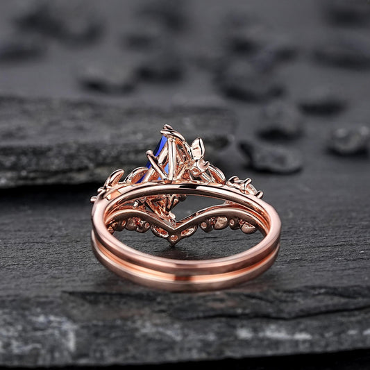 Vintage Kite Cut Cornflower Blue Sapphire Leaf Engagement Ring Unique Rose Gold Twig Branch Vine Wedding Set Nature Inspired Promise Ring - anerjuly
