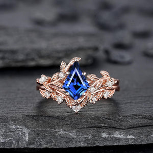 Vintage Kite Cut Cornflower Blue Sapphire Leaf Engagement Ring Unique Rose Gold Twig Branch Vine Wedding Set Nature Inspired Promise Ring - anerjuly