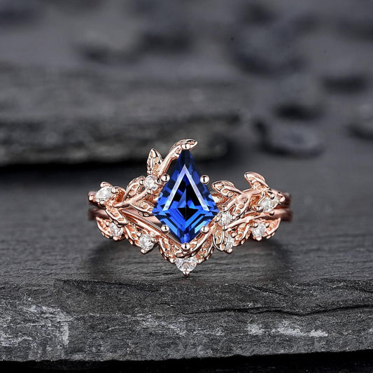 Vintage Kite Cut Cornflower Blue Sapphire Leaf Engagement Ring Unique Rose Gold Twig Branch Vine Wedding Set Nature Inspired Promise Ring - anerjuly