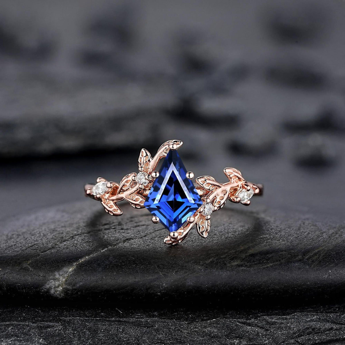 Vintage Kite Cut Cornflower Blue Sapphire Leaf Engagement Ring Unique Rose Gold Twig Branch Vine Wedding Set Nature Inspired Promise Ring - anerjuly