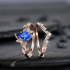 Vintage Kite Cut Cornflower Blue Sapphire Leaf Engagement Ring Unique Rose Gold Twig Branch Vine Wedding Set Nature Inspired Promise Ring - anerjuly