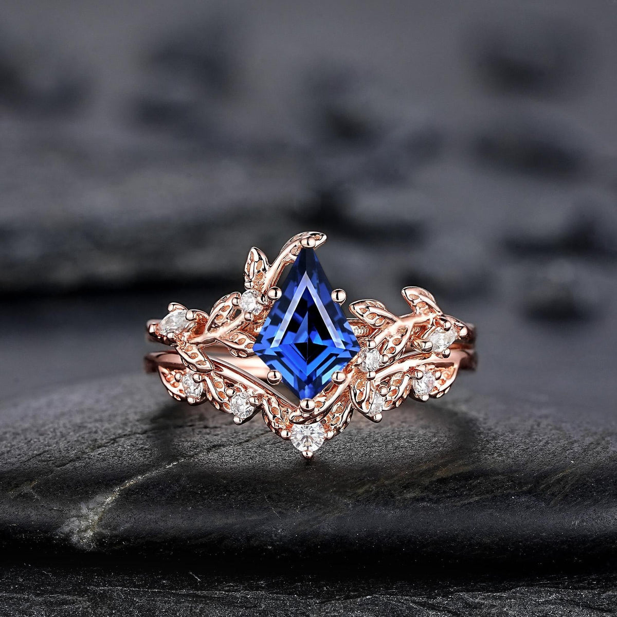 Vintage Kite Cut Cornflower Blue Sapphire Leaf Engagement Ring Unique Rose Gold Twig Branch Vine Wedding Set Nature Inspired Promise Ring - anerjuly