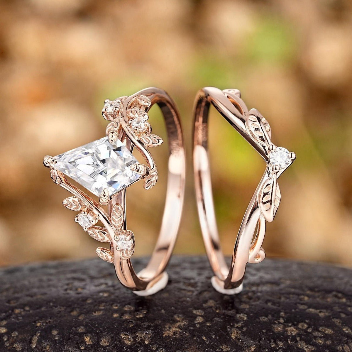 Vintage Kite Cut Moissanite Engagement Ring Set - anerjuly