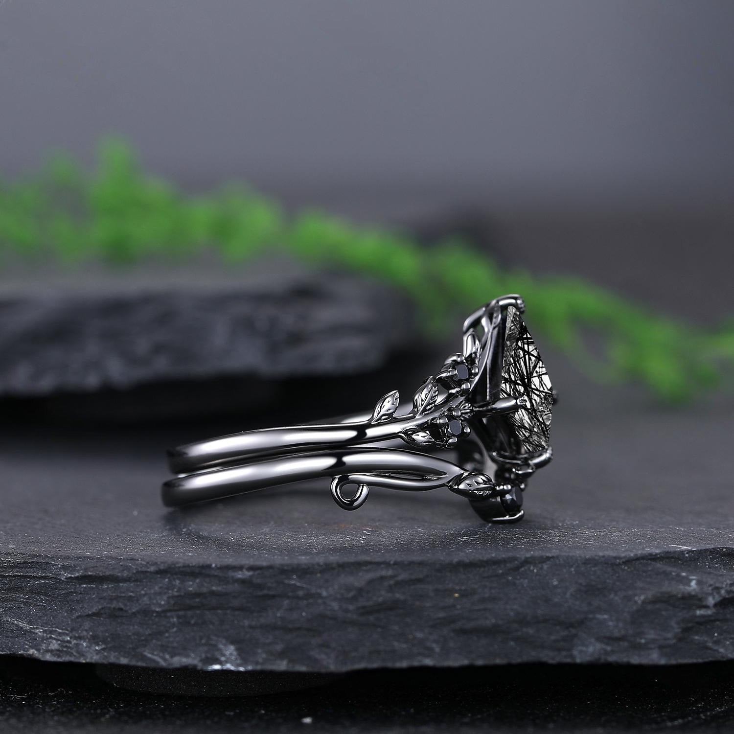 Vintage Kite Cut Natural Rutilated Quartz Engagement Ring Set Art Deco Black Bridal Ring Set - anerjuly