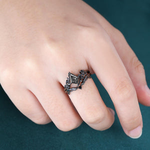 Vintage Kite Cut Natural Rutilated Quartz Engagement Ring Set Art Deco Black Bridal Ring Set - anerjuly