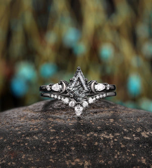 Vintage Kite Cut Natural Rutilated Quartz Engagement Ring Set Black Bridal Ring Set - anerjuly
