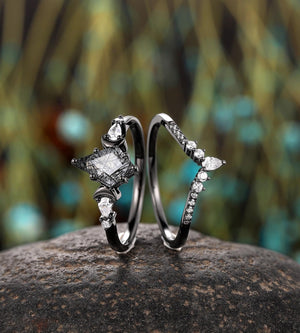 Vintage Kite Cut Natural Rutilated Quartz Engagement Ring Set Black Bridal Ring Set - anerjuly