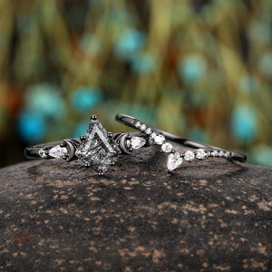 Vintage Kite Cut Natural Rutilated Quartz Engagement Ring Set Black Bridal Ring Set - anerjuly