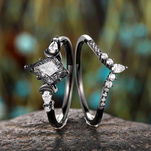Vintage Kite Cut Natural Rutilated Quartz Engagement Ring Set Black Bridal Ring Set - anerjuly