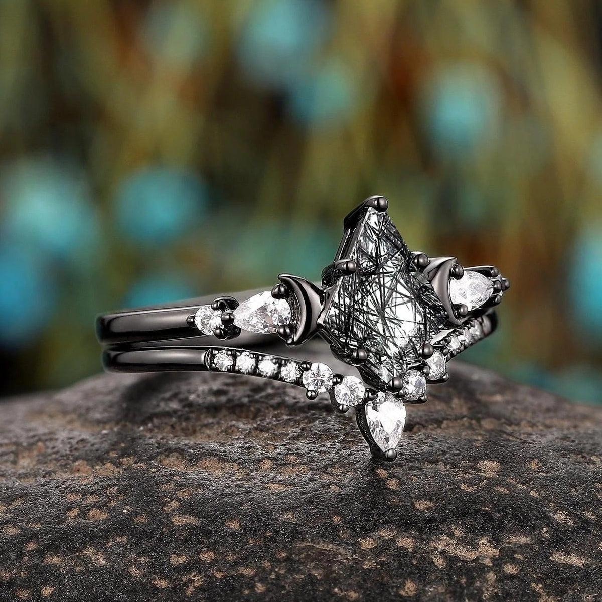 Vintage Kite Cut Natural Rutilated Quartz Engagement Ring Set Black Bridal Ring Set - anerjuly
