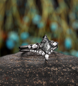 Vintage Kite Cut Natural Rutilated Quartz Engagement Ring Set Black Bridal Ring Set - anerjuly