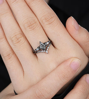 Vintage Kite Cut Natural Rutilated Quartz Engagement Ring Set Black Bridal Ring Set - anerjuly