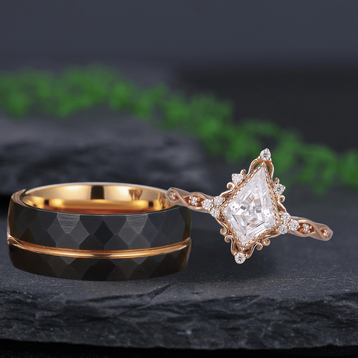 Vintage Kite Shaped Moissanite Bridal Set Couple Ring Set His and Her Engagement Ring - anerjuly