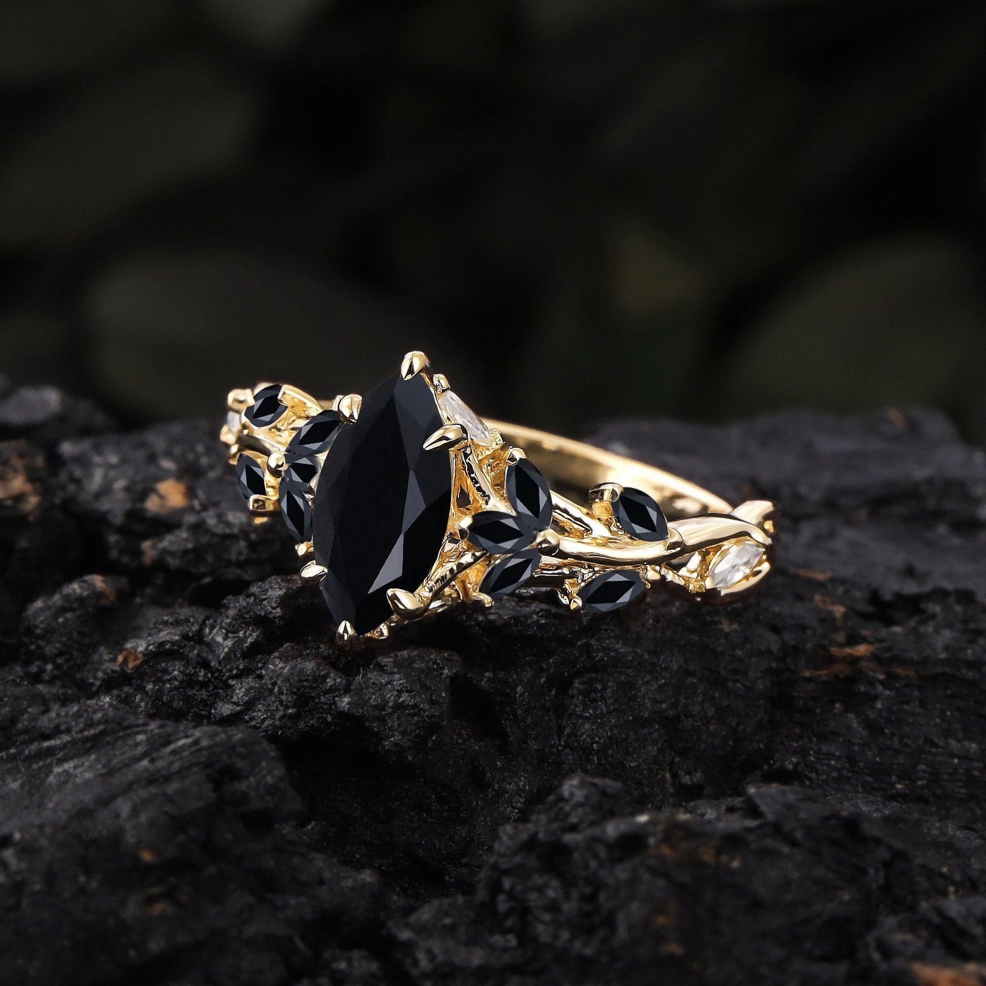 Vintage Leaf Branch Couple Ring Matching Wedding Band Black Onyx Engagement Ring Black Onyx and Men's Tungsten Ring Set - anerjuly