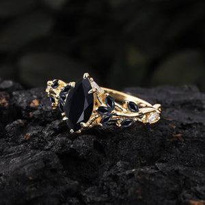 Vintage Leaf Branch Couple Ring Matching Wedding Band Black Onyx Engagement Ring Black Onyx and Men's Tungsten Ring Set - anerjuly