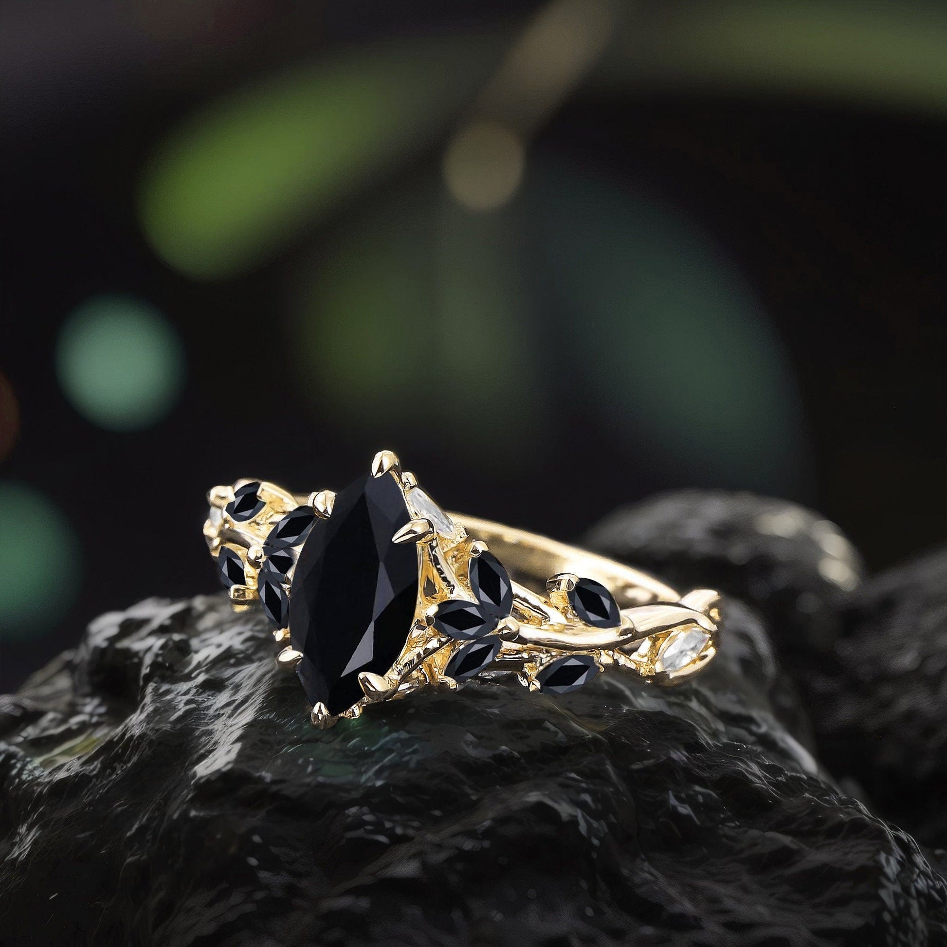 Vintage Leaf Branch Couple Ring Matching Wedding Band Black Onyx Engagement Ring Black Onyx and Men's Tungsten Ring Set - anerjuly
