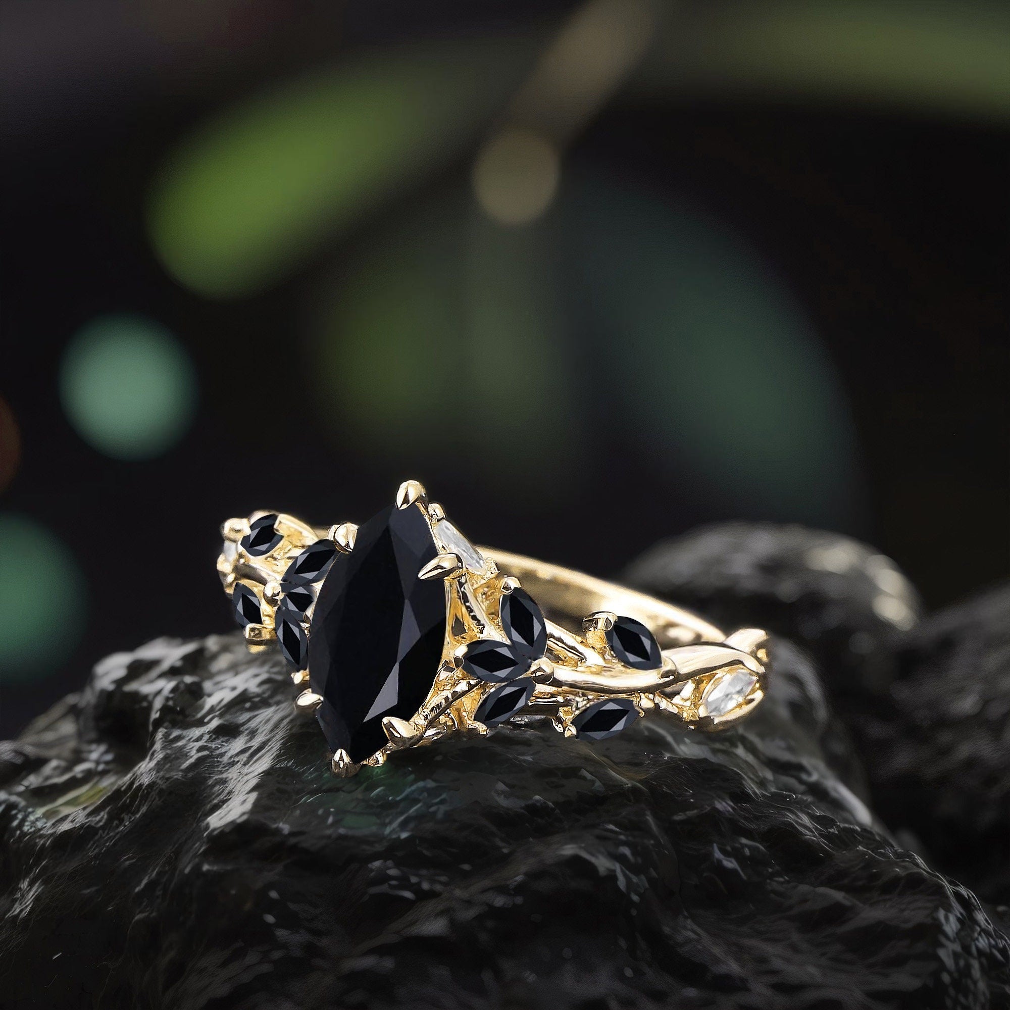 Vintage Leaf Branch Couple Ring Matching Wedding Band Black Onyx Engagement Ring Black Onyx and Men's Tungsten Ring Set - anerjuly