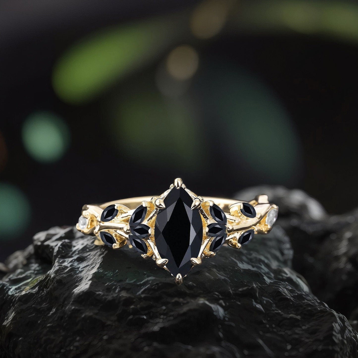Vintage Leaf Branch Couple Ring Matching Wedding Band Black Onyx Engagement Ring Black Onyx and Men's Tungsten Ring Set - anerjuly