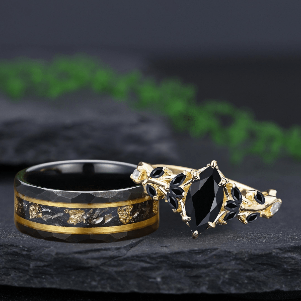 Vintage Leaf Branch Couple Ring Matching Wedding Band Black Onyx Engagement Ring Black Onyx and Men's Tungsten Ring Set - anerjuly